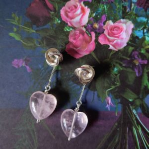 Short Rose Quartz 2-Part Earrings by Essemgé - on floral background