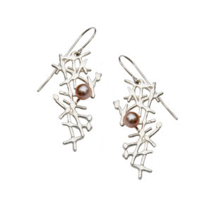 Silver lace earrings with blush pearls by Katerina Damilos