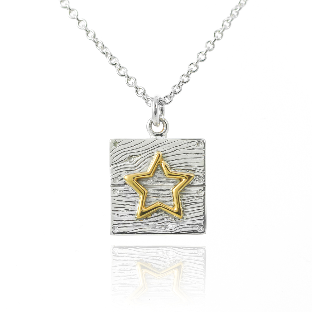 Sterling silver neon art square gold star necklace