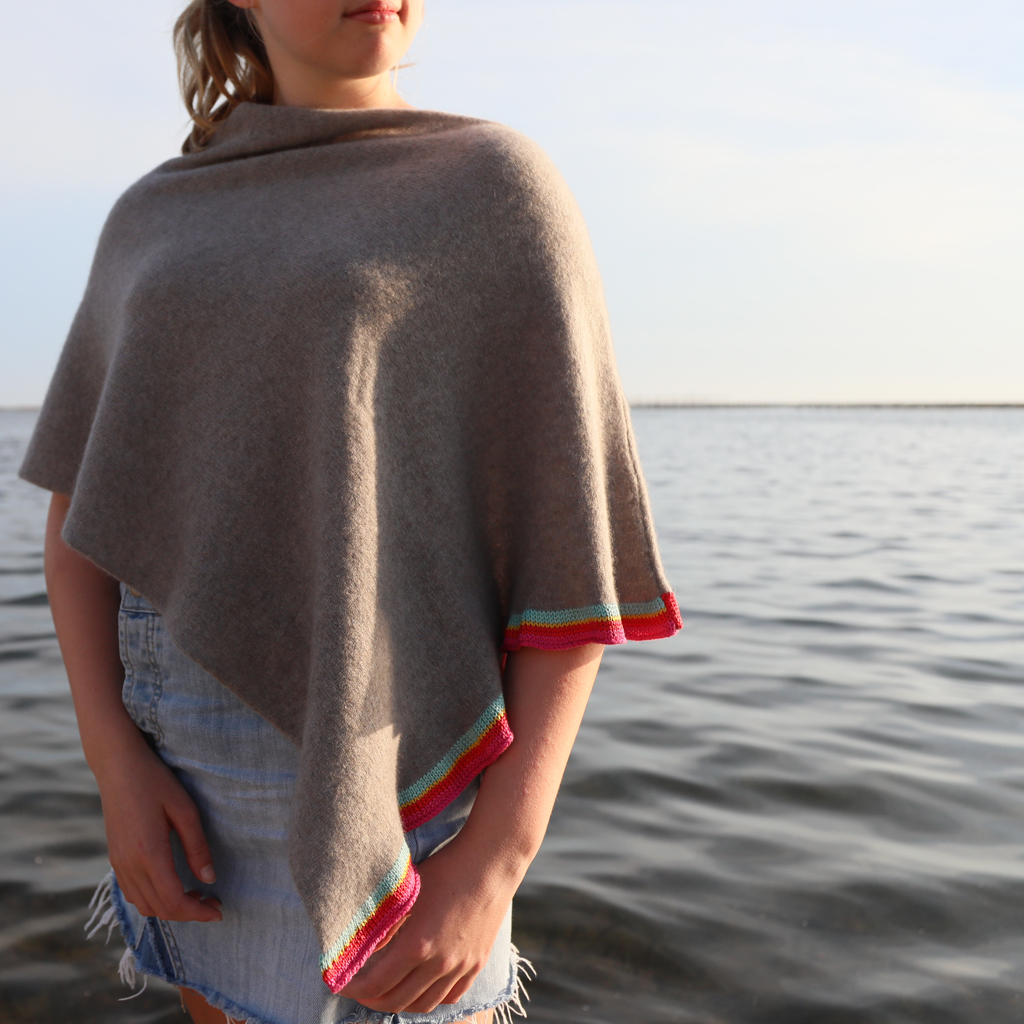 pure cashmere poncho with silk striped band