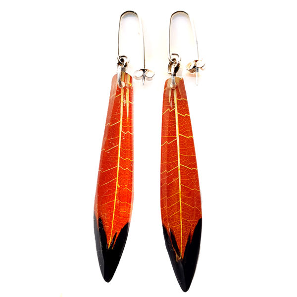 'Ginger & Black Skeleton Leaf Long Drop Earrings' www.suegregor.com