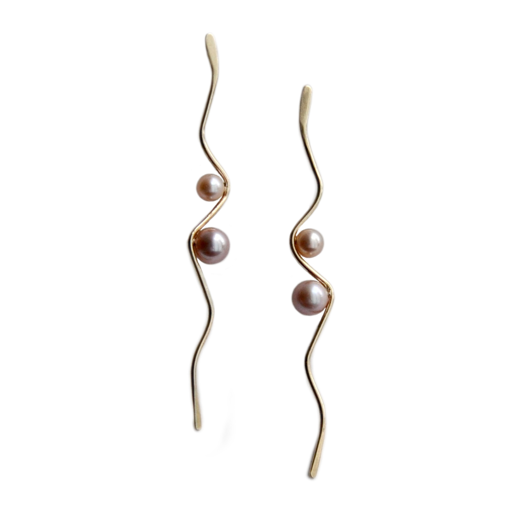 Silhouette solid gold wave earrings two pearls