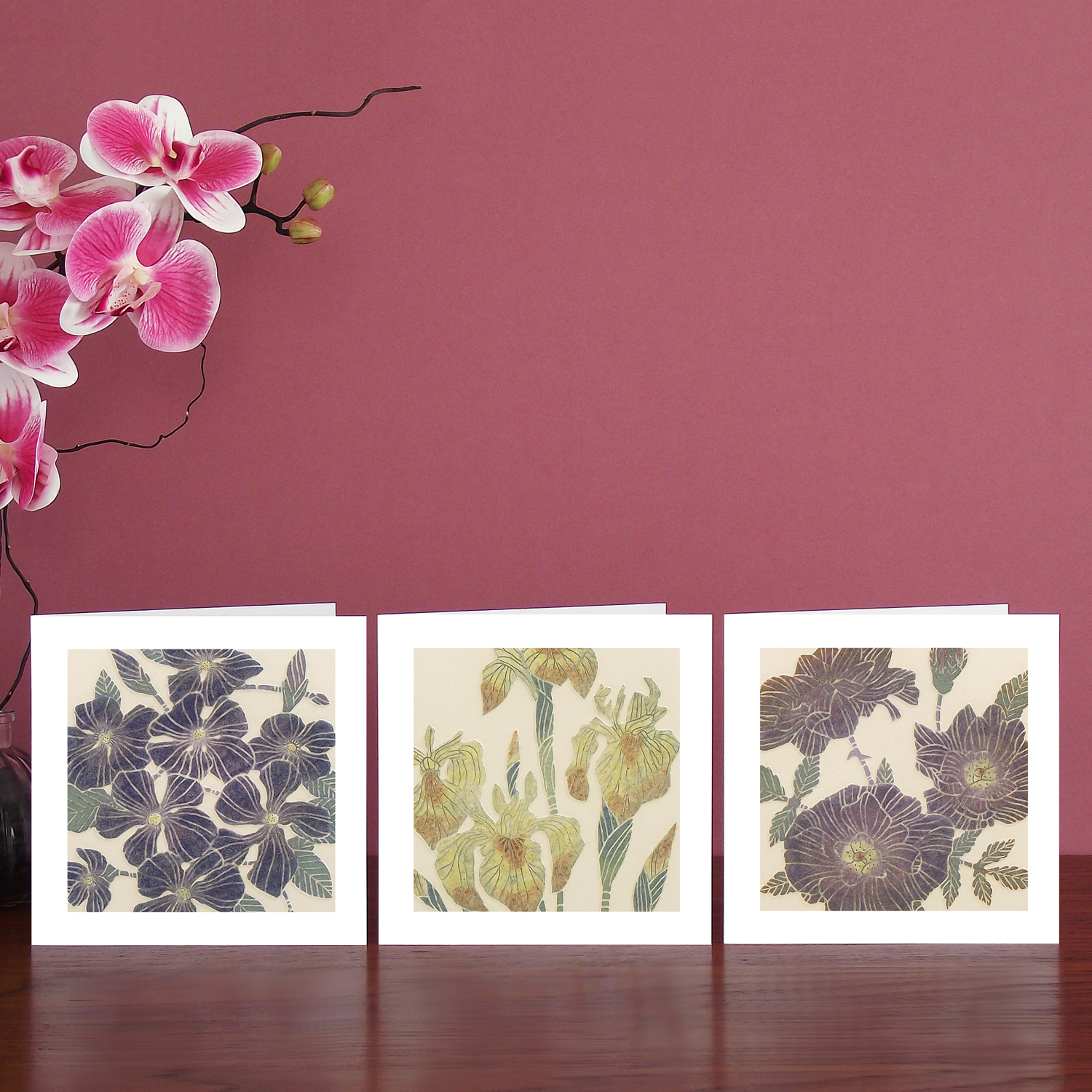 set of three flower art cards