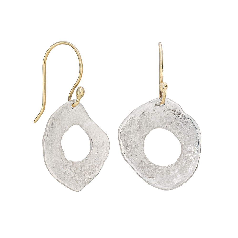 Silver drop earrings with stone texture and gold hand drawn elegant curved wires.