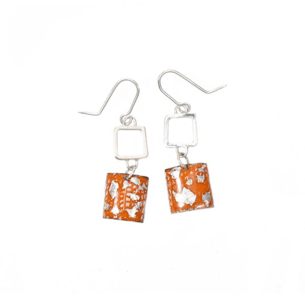 Tangerine and Silver Square Wire Drop Earrings