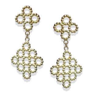 18k Yellow Gold Beaded Quatrefoil Dangle Earrings - view from the front - on white background