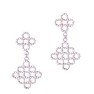 Silver Beaded Quatrefoil Dangle Earrings - view from the front - on white background