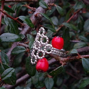Silver Beaded Quatrefoil Ring - view from the side - against foliage background