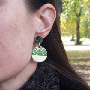 Model wearing an aluminium green suffragette disk drop earring