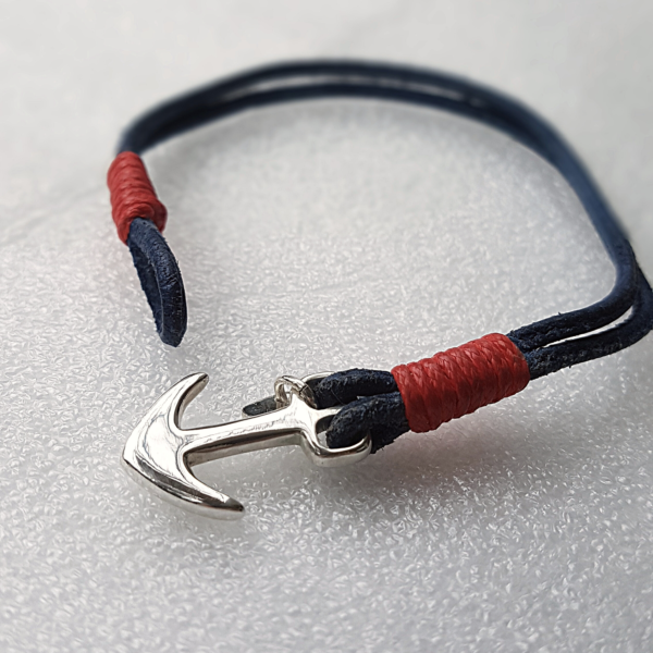 Men's Anchor Bracelet in vintage-looking Leather and sterling silver on a white surface.
