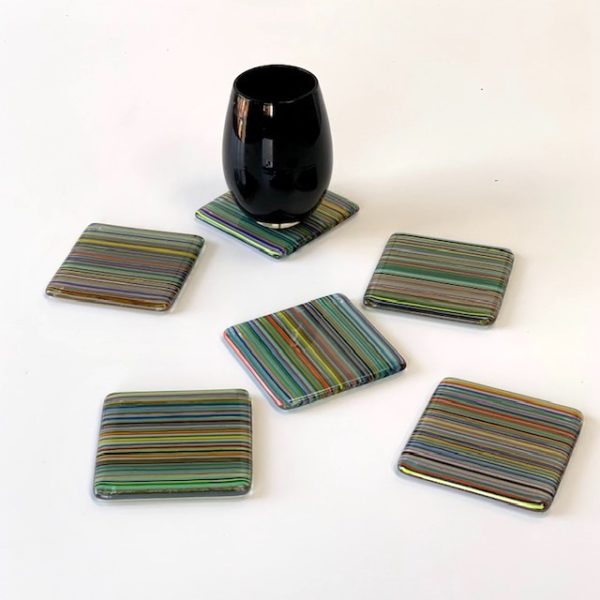 Adam Hussain-Handmade glass coasters-fused glass-Set of six-Stripes-Multi Colours