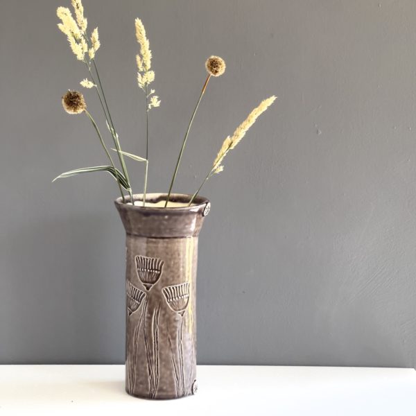 Grey gloss cylinder vase with seed head pattern Libby Daniels ceramics