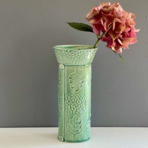 Libby Daniels ceramics gloss green cylinder vase with leaf pattern