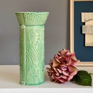 Libby Daniels ceramics small green cylinder vase with leaf pattern