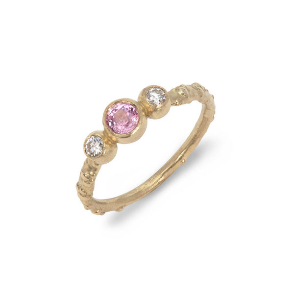 Orno Three Stone Ring with 4mm Padparadscha Sapphire and 2x 2.5mm diamonds in 14ct yellow gold _01
