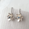 Handcrafted silver earrings with London blue topaz hanging on a white surface.