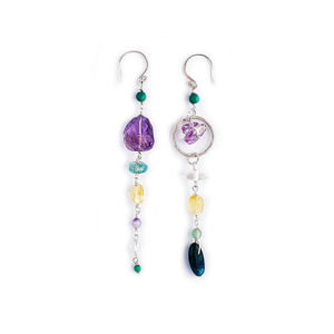 gemstone and silver mismatched long drop earrings