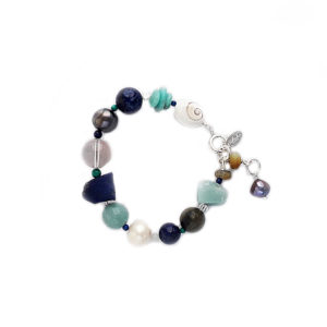 Beaded gemstone bracelet in blues, greys and white